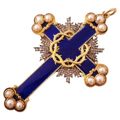 Vintage 1899s Guilloche Enamel And Diamond Russian Cross Pendant