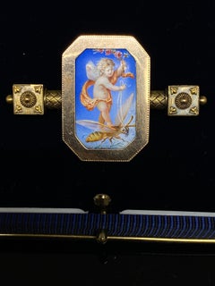 Antique 14k Gold Hand Painted Miniature Angel, Cupid & Bee Victorian Brooch