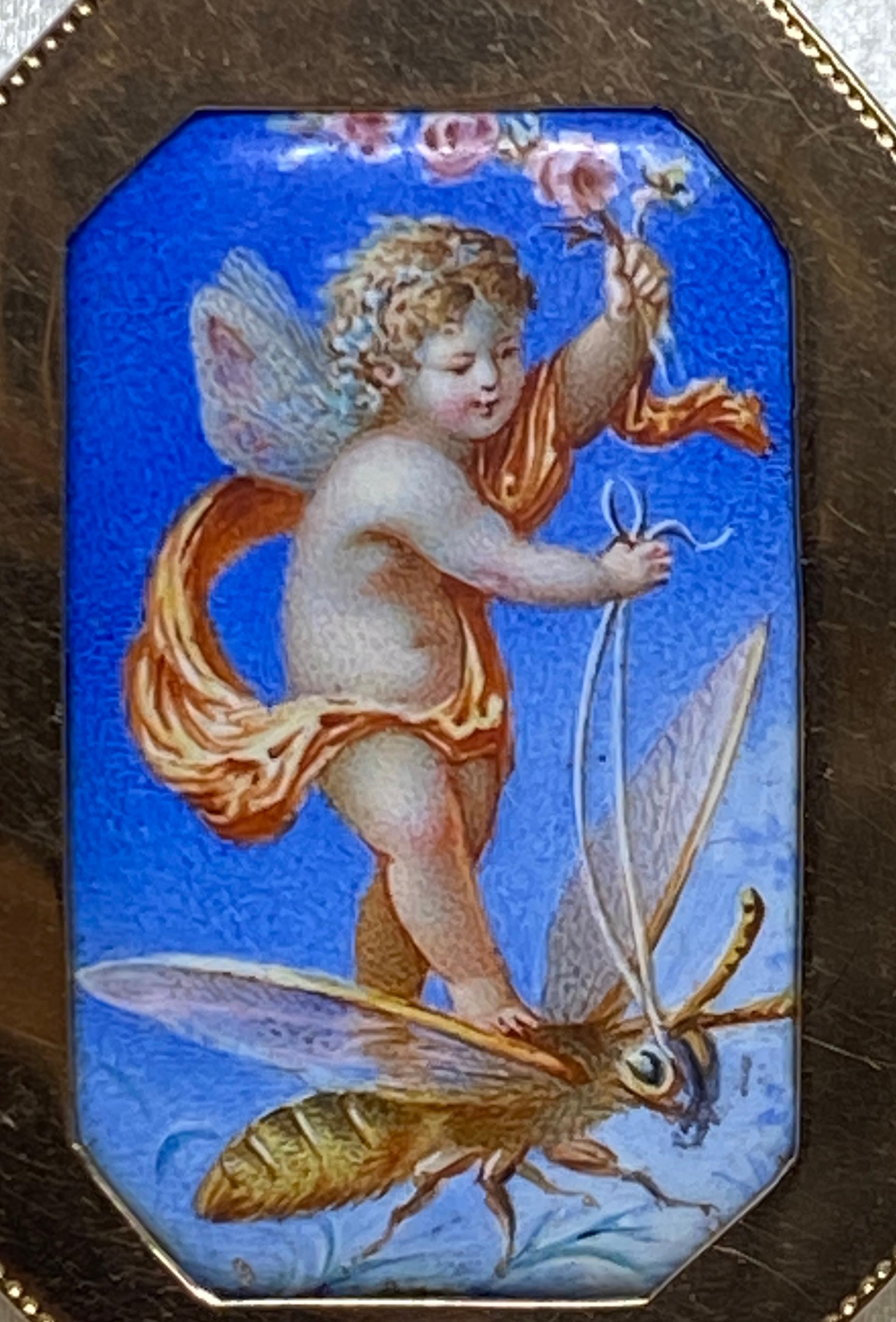 Antique 14k Gold Hand Painted Miniature Angel, Cupid & Bee Victorian Brooch 2