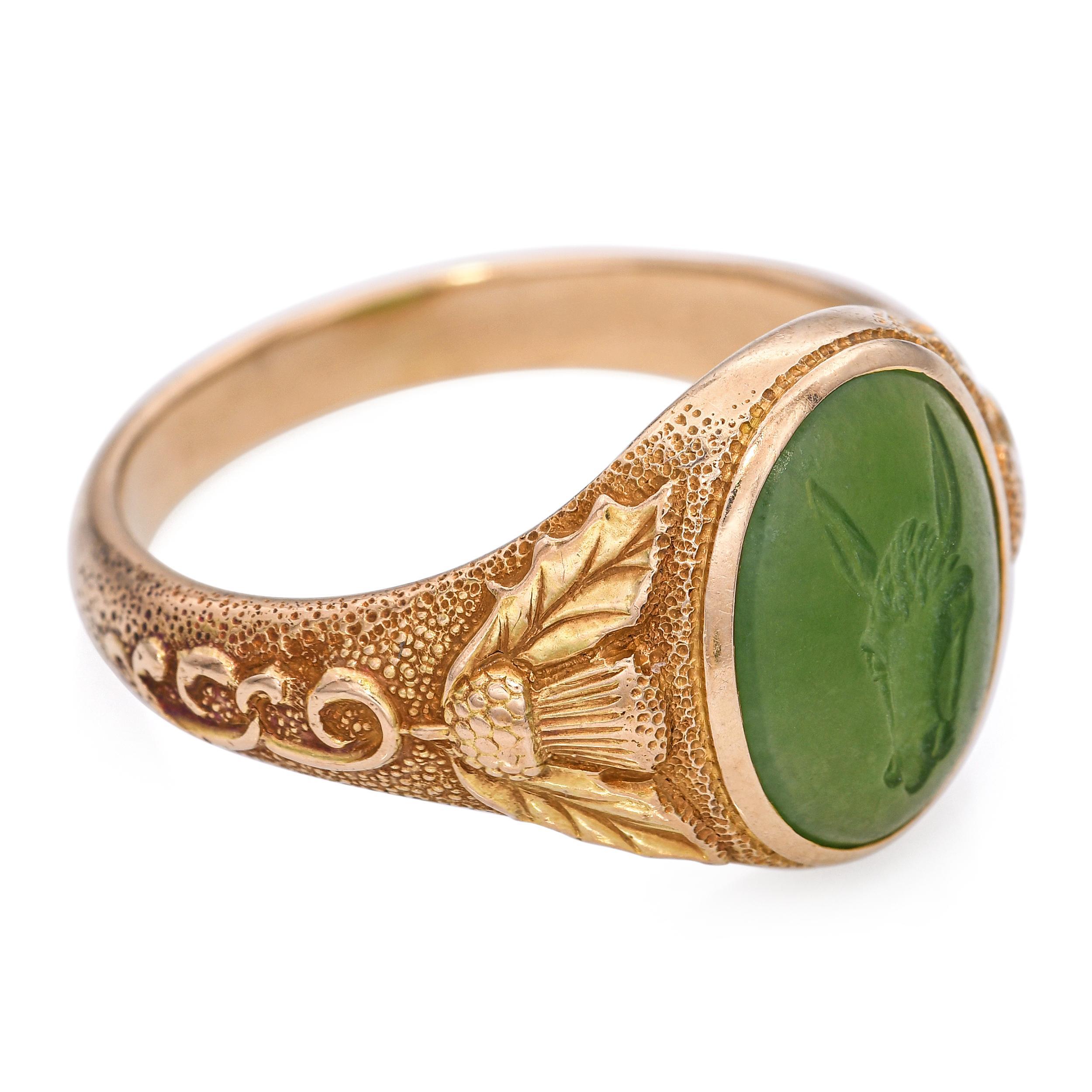 Women's Antique 14k Gold Horse Intaglio Jade Ring For Sale
