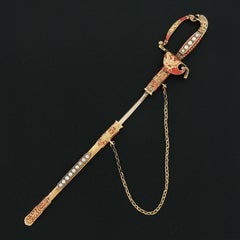 Antique 14k Gold Long Sword & Sheath Repousse Work Bird Enamel Handle Pin Brooch