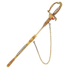 Antique 14k Gold Long Sword & Sheath Repousse Work Bird Enamel Handle Pin Brooch