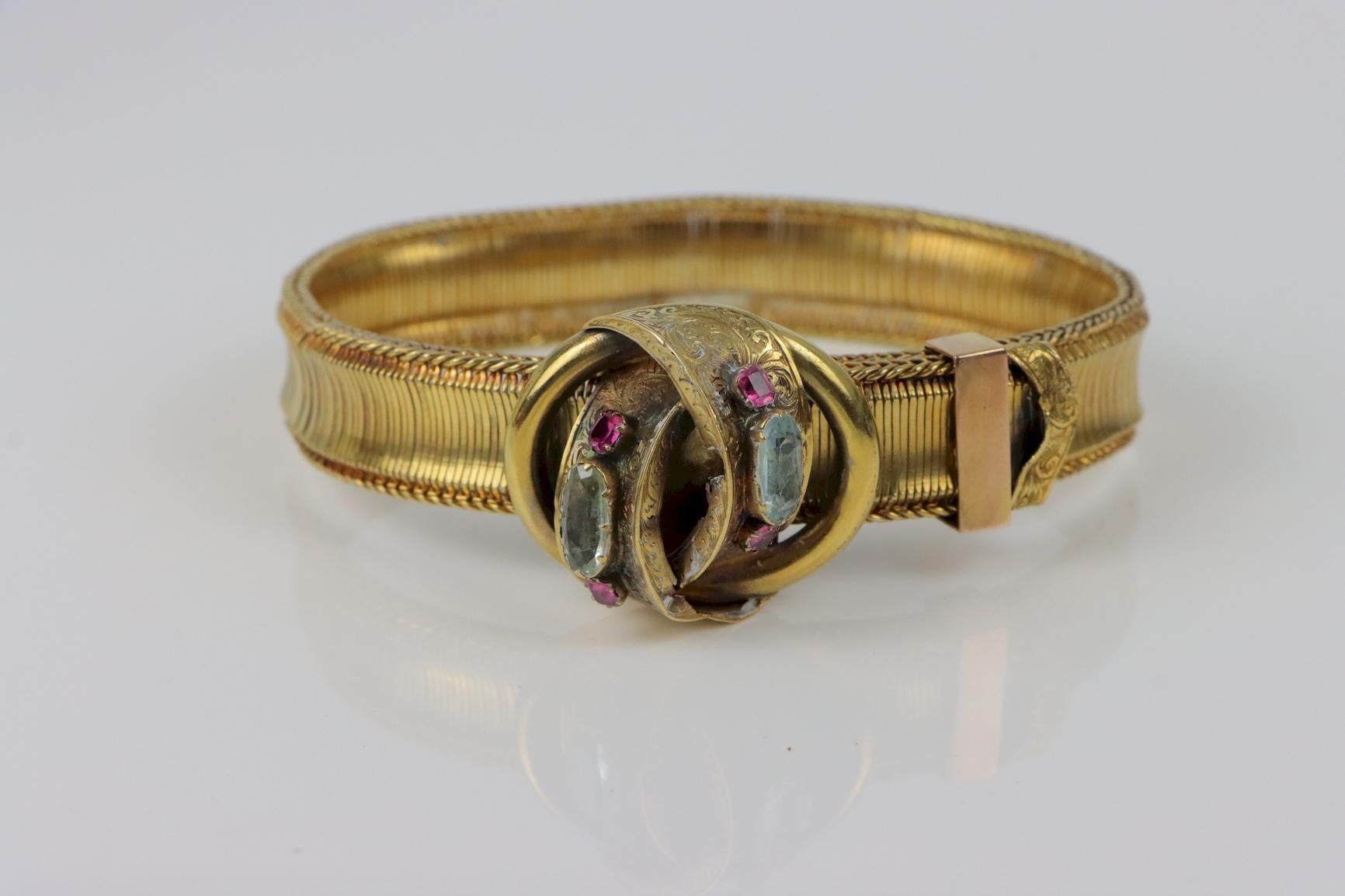 Antique 14K Gold Mesh Belt Bracelet Aquarmarine 5