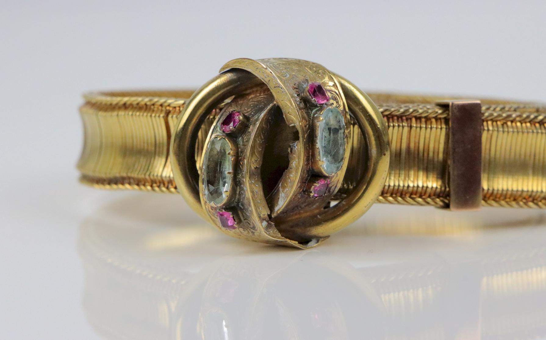 Antique 14K Gold Mesh Belt Bracelet Aquarmarine 1