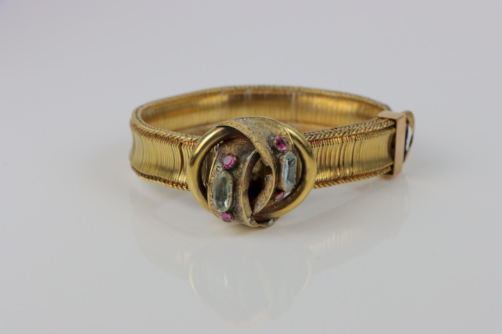 Antique 14K Gold Mesh Belt Bracelet Aquarmarine 2