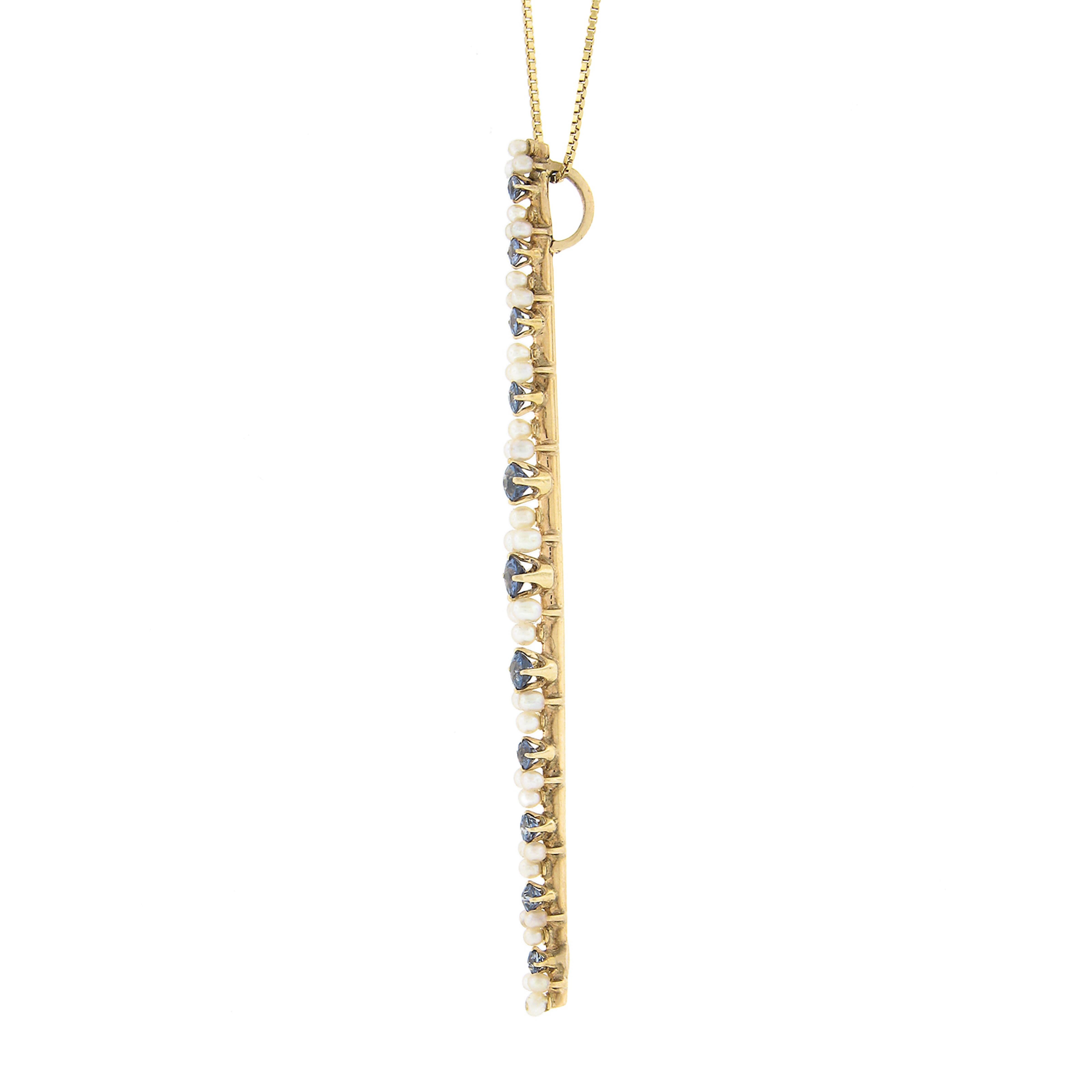 Women's Antique 14k Gold Montana Sapphire & Seed Pearl Long Pendant w/ New 18