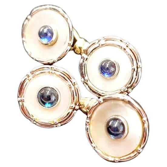 Antique Mother of Pearls And Sapphire Gold Cuflink For Sale