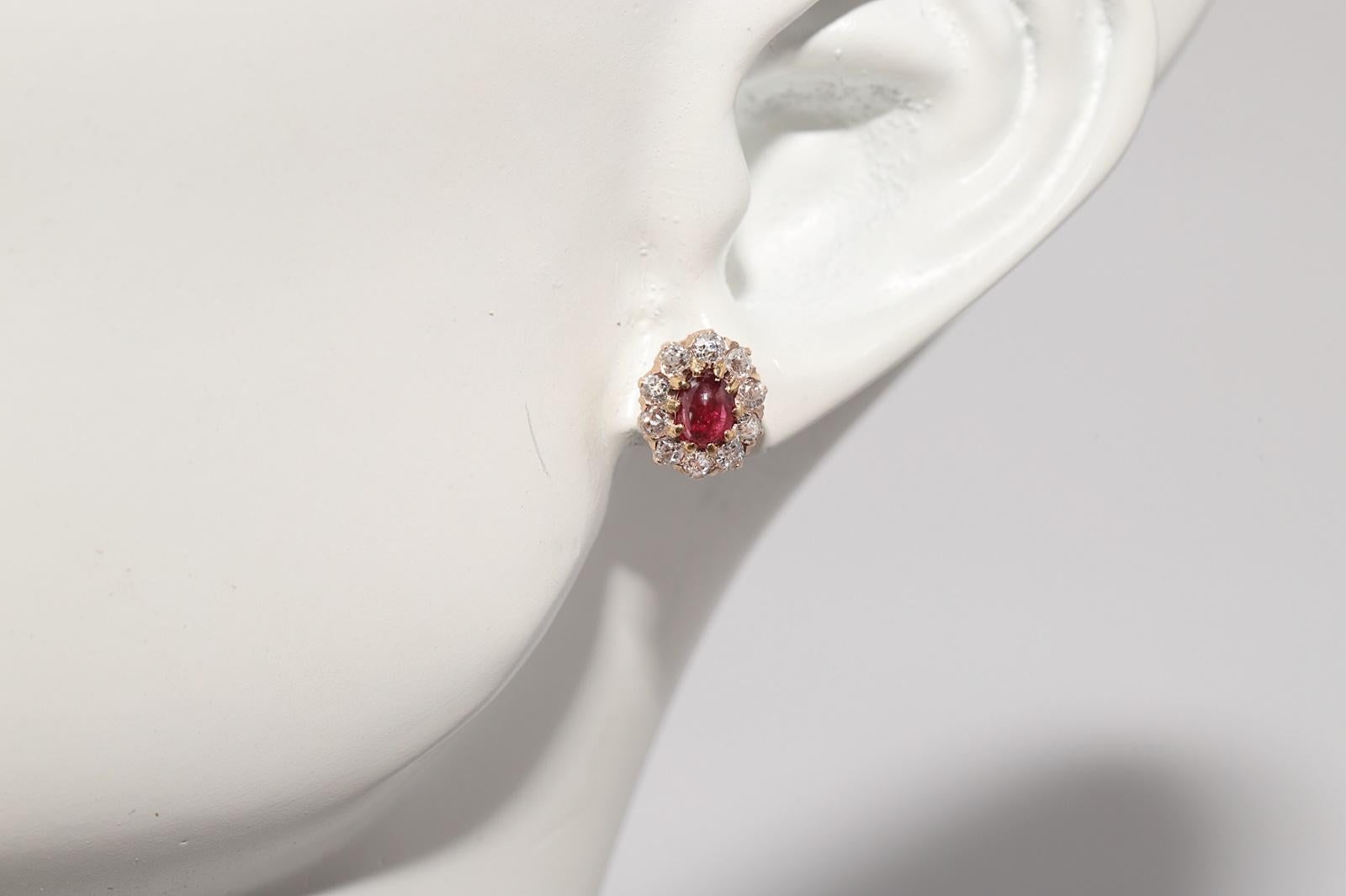 Antique 14k Gold Natural Old Cut Diamond And Cabochon Cut Ruby Stud Earring For Sale 9