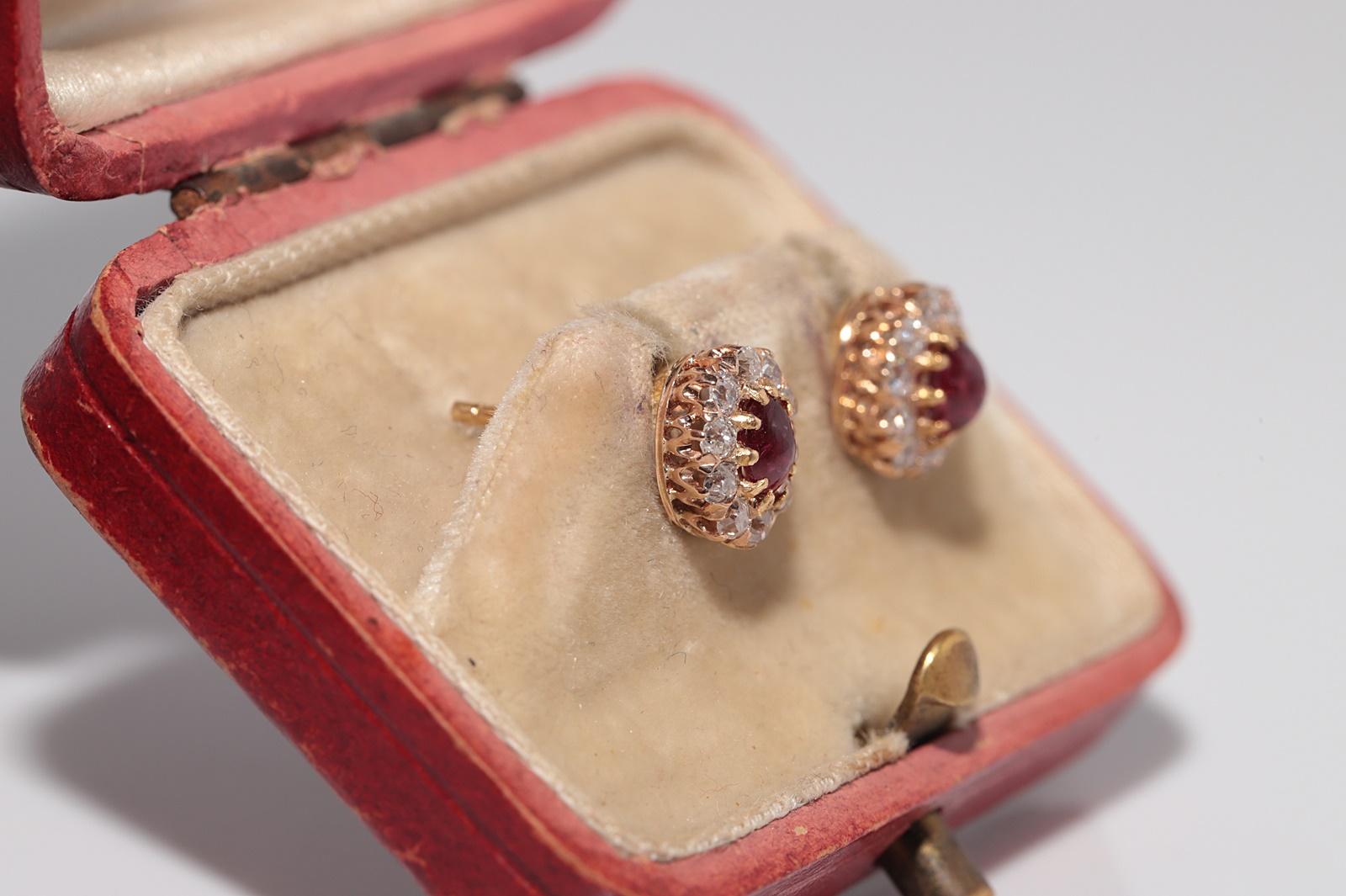 Victorian Antique 14k Gold Natural Old Cut Diamond And Cabochon Cut Ruby Stud Earring For Sale