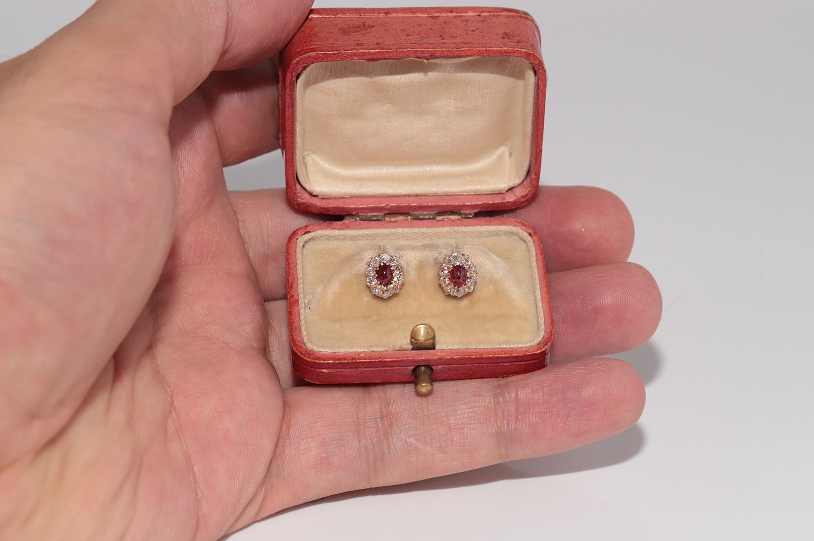 Old Mine Cut Antique 14k Gold Natural Old Cut Diamond And Cabochon Cut Ruby Stud Earring For Sale