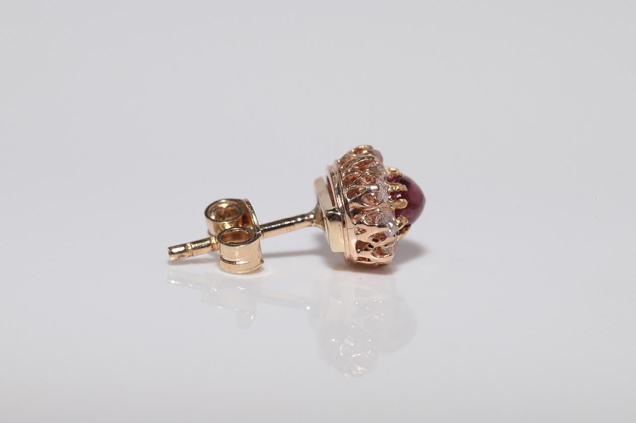 Women's Antique 14k Gold Natural Old Cut Diamond And Cabochon Cut Ruby Stud Earring For Sale