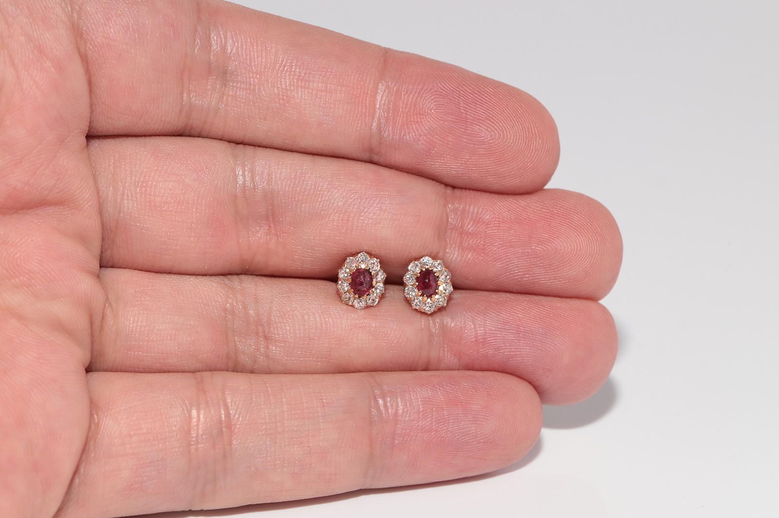 Antique 14k Gold Natural Old Cut Diamond And Cabochon Cut Ruby Stud Earring For Sale 1