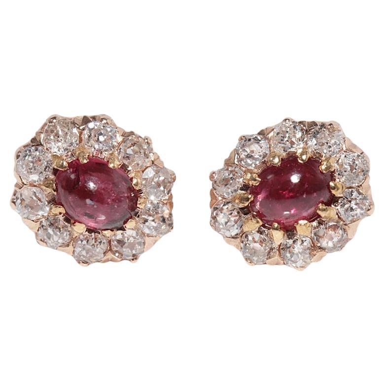 Antique 14k Gold Natural Old Cut Diamond And Cabochon Cut Ruby Stud Earring For Sale