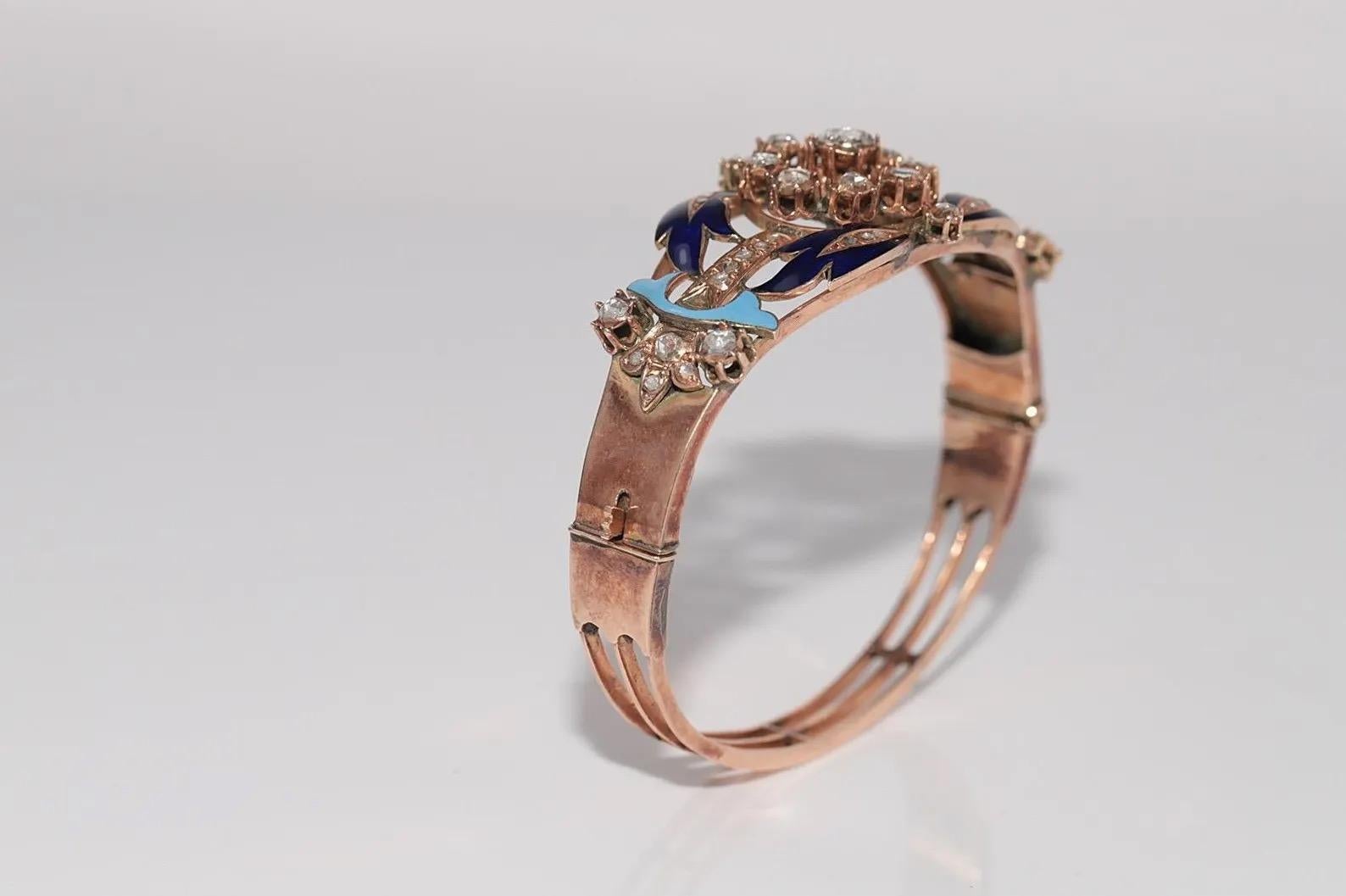 Bracelet ancien en or 14k, diamant naturel taillé en rose et émail en vente 4