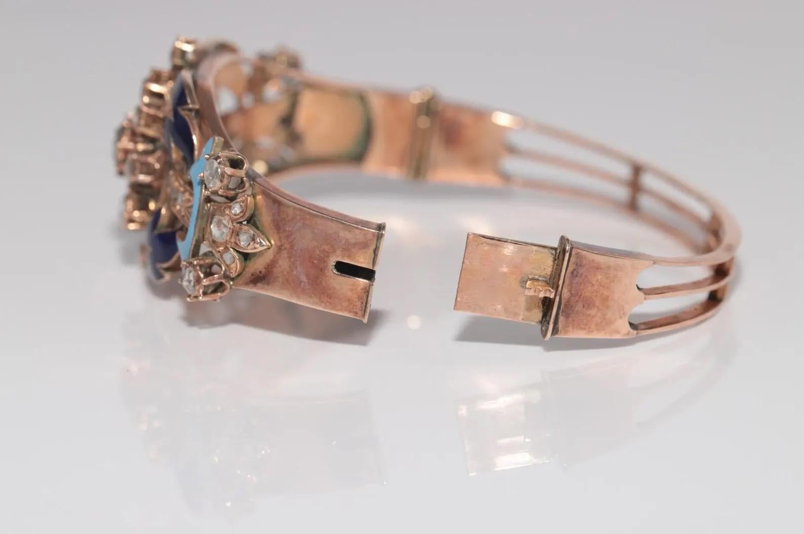 Bracelet ancien en or 14k, diamant naturel taillé en rose et émail en vente 5