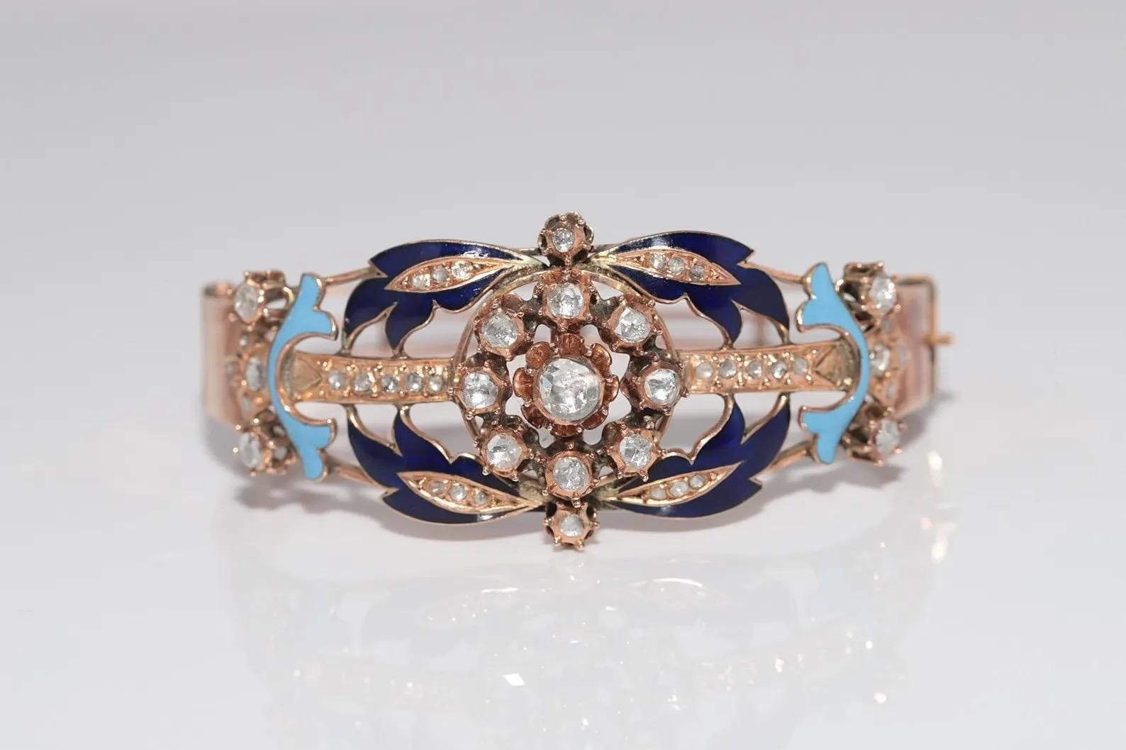 Victorien Bracelet ancien en or 14k, diamant naturel taillé en rose et émail en vente