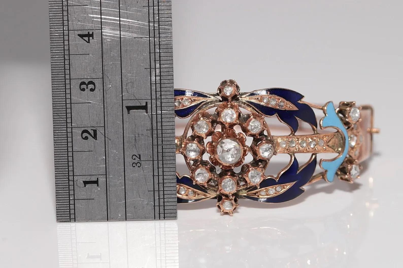 Taille rose Bracelet ancien en or 14k, diamant naturel taillé en rose et émail en vente