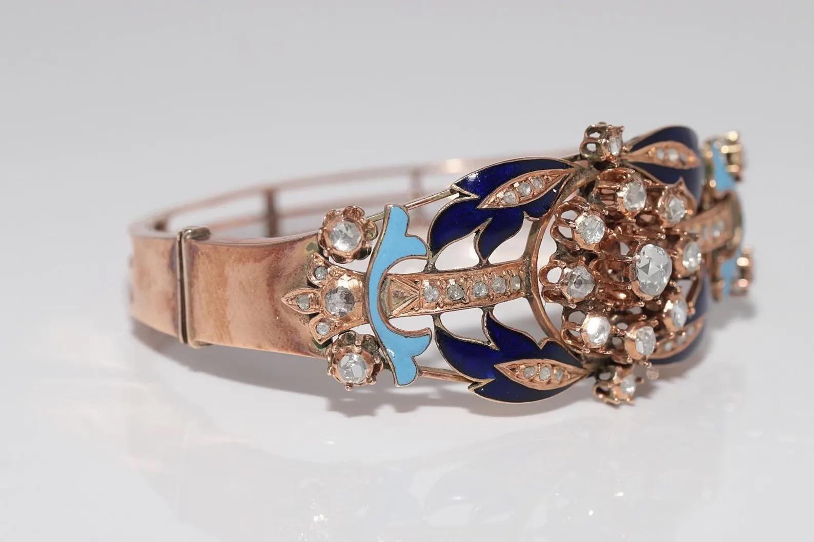 Bracelet ancien en or 14k, diamant naturel taillé en rose et émail Bon état - En vente à Fatih/İstanbul, 34