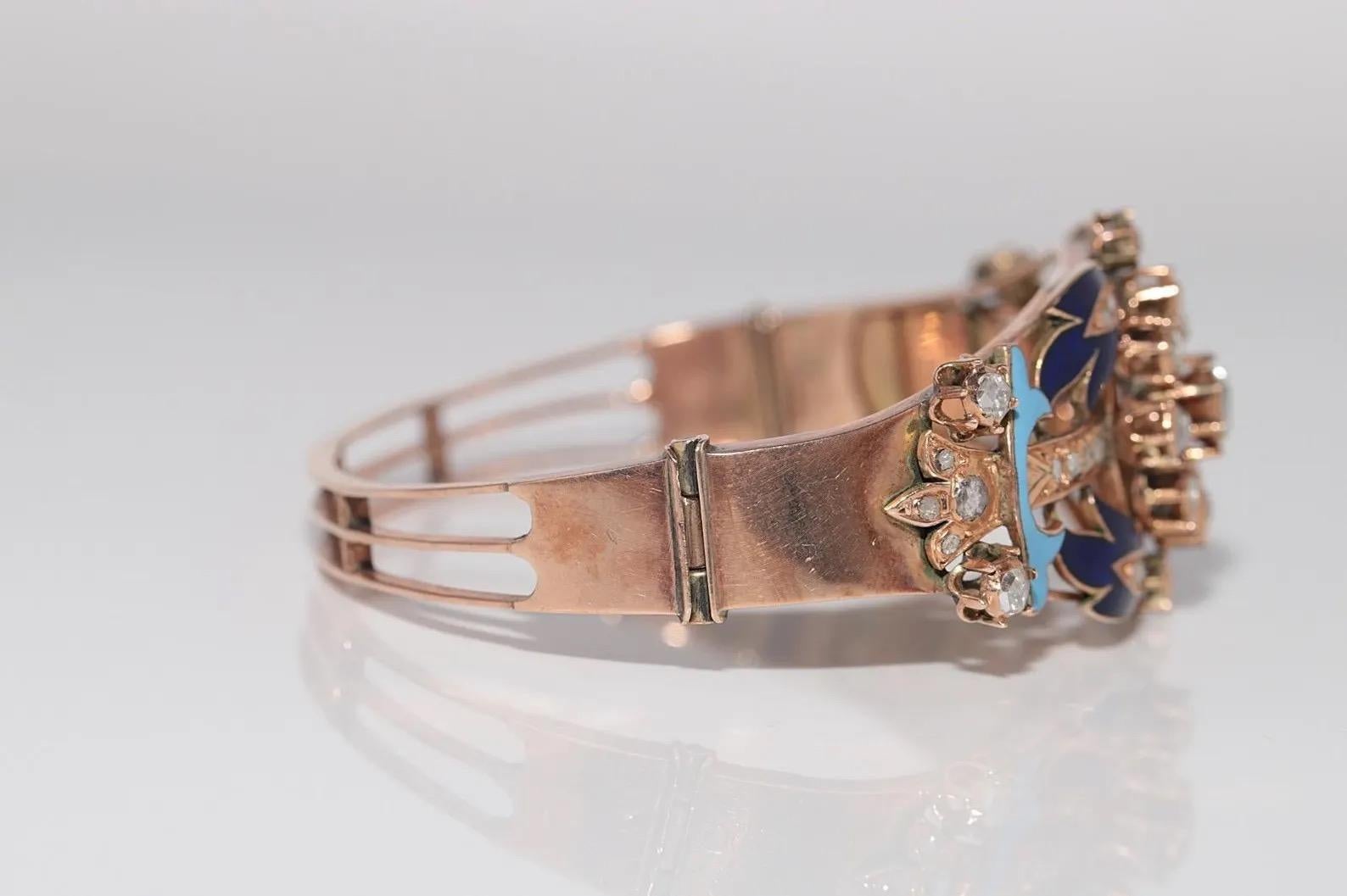 Bracelet ancien en or 14k, diamant naturel taillé en rose et émail Pour femmes en vente