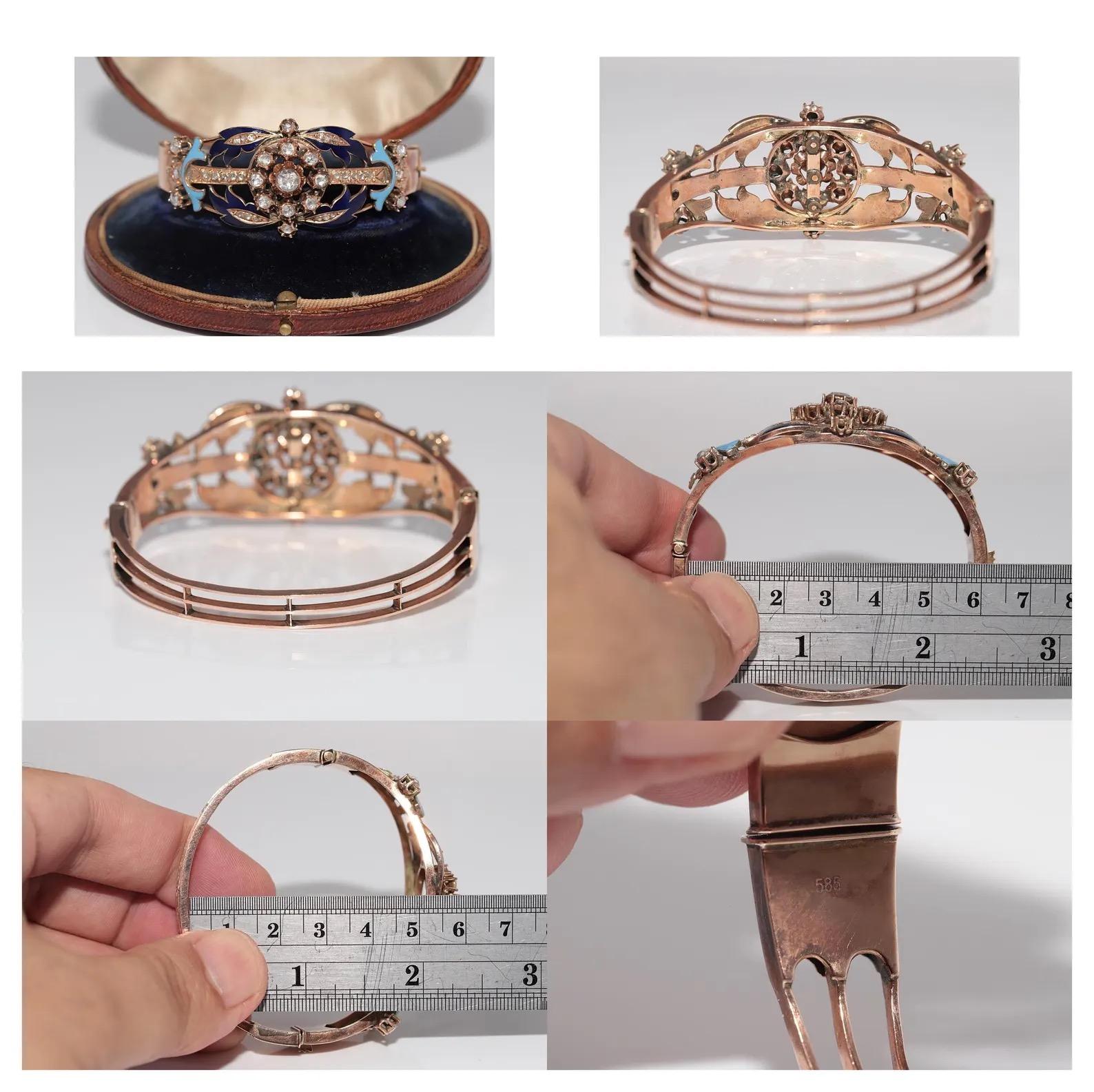 Bracelet ancien en or 14k, diamant naturel taillé en rose et émail en vente 1