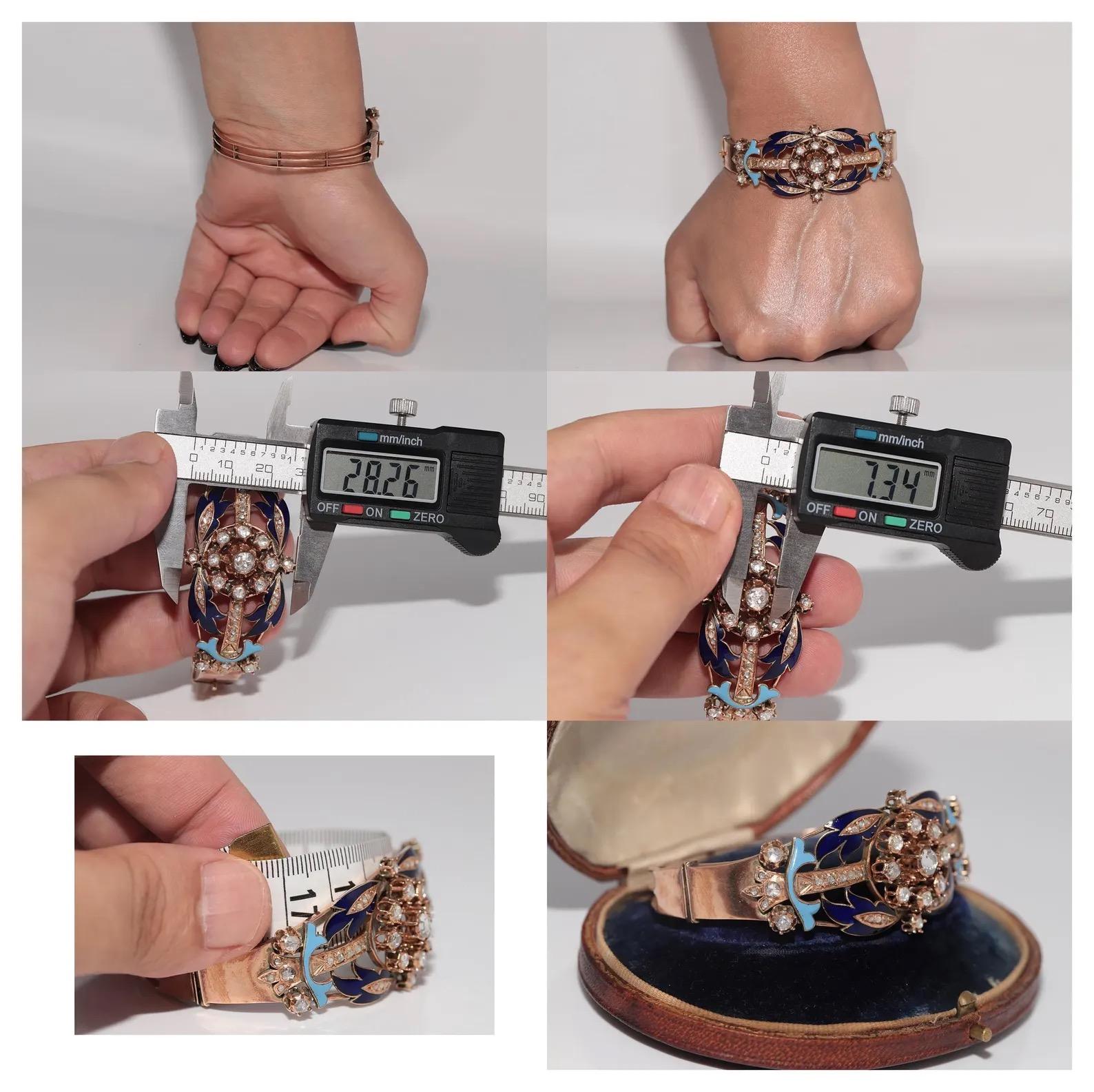 Bracelet ancien en or 14k, diamant naturel taillé en rose et émail en vente 2