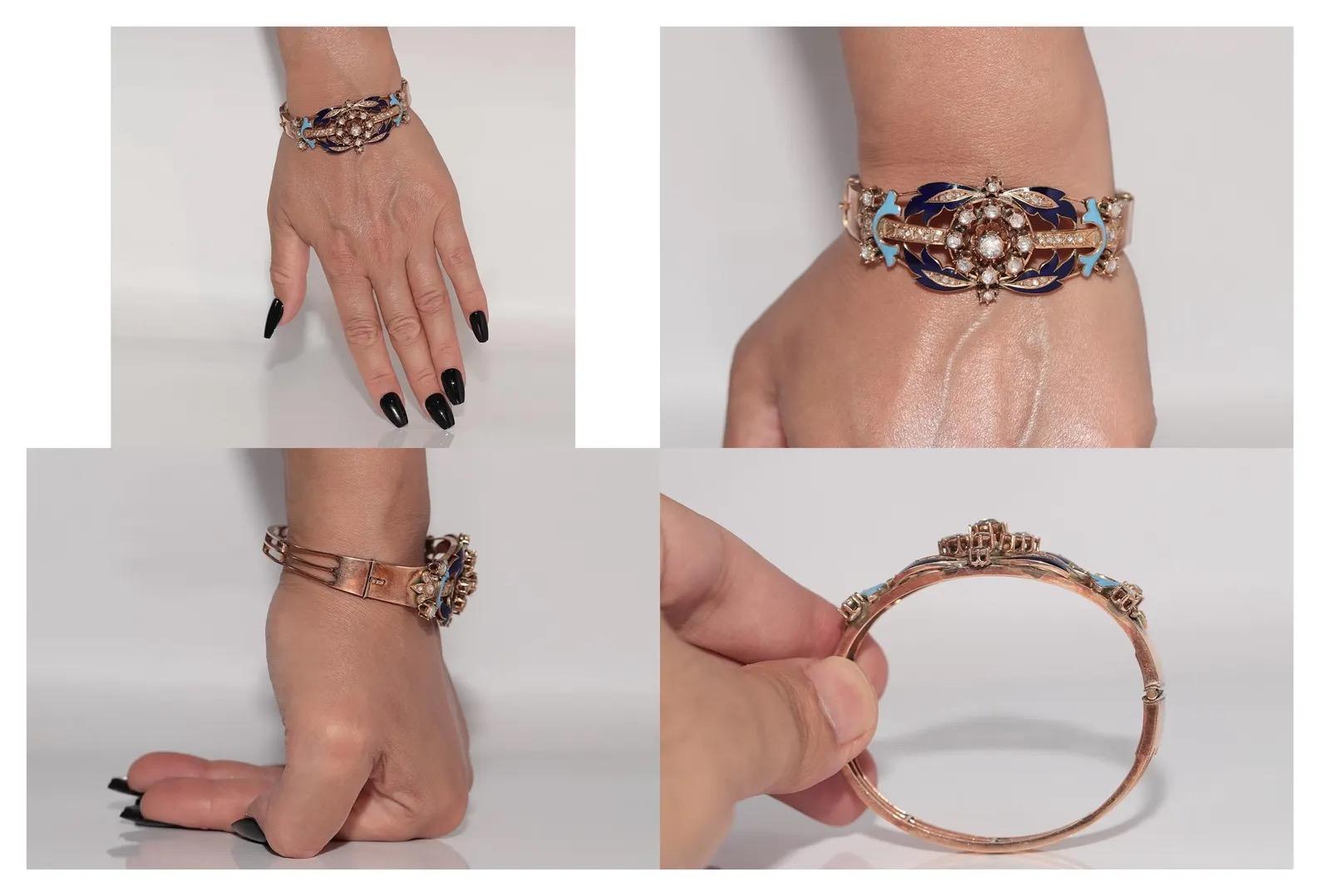 Bracelet ancien en or 14k, diamant naturel taillé en rose et émail en vente 3