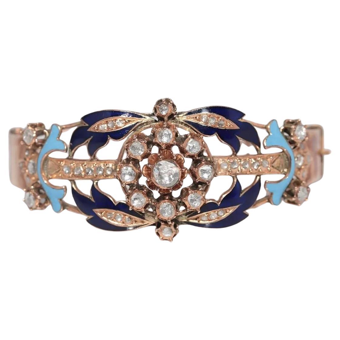 Bracelet ancien en or 14k, diamant naturel taillé en rose et émail