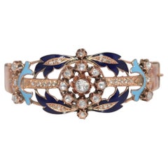 Bracelet ancien en or 14k, diamant naturel taillé en rose et émail