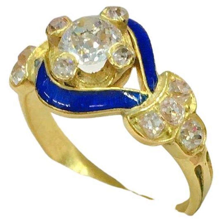 Antique 14k Gold Old Mine Cut Diamind Enamel Solitare Ring For Sale at ...