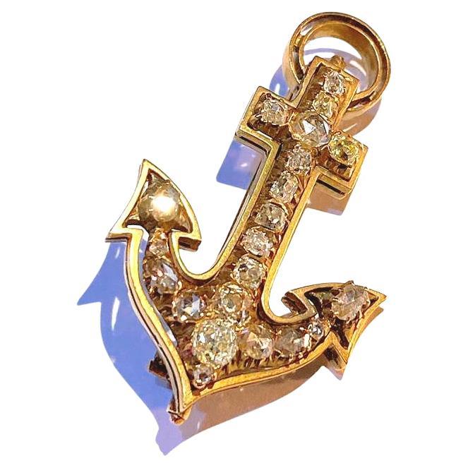 Antique 14k gold large brooch in anchor design with old mine cut diamonds estimate weight of 3 carats with fine workmanship brooch was made in europe 1890/1900.c 