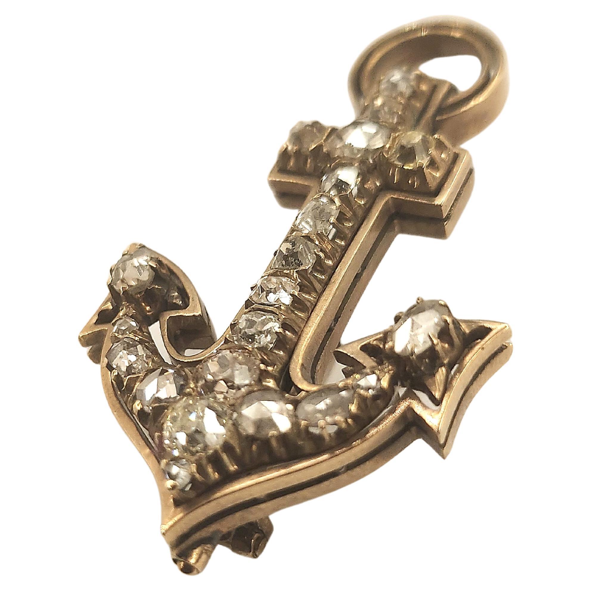 Antique Old Mine Cut Diamond Anchor Gold Brooch In Good Condition For Sale In Cairo, EG