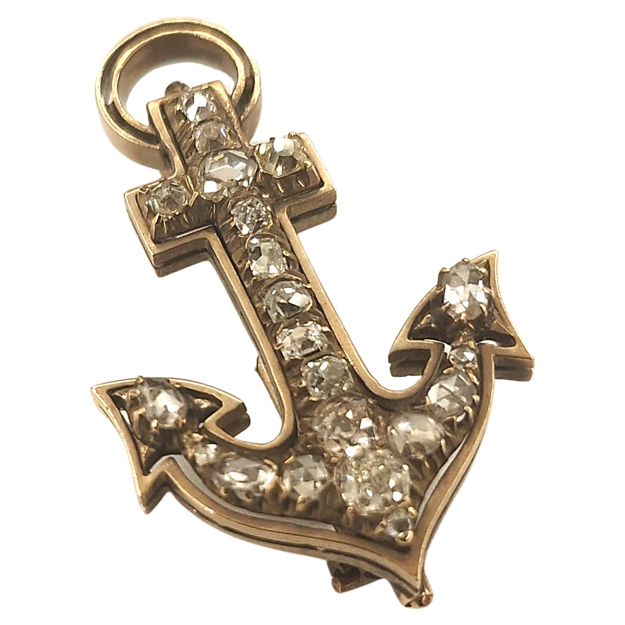 Antique Old Mine Cut Diamond Anchor Gold Brooch For Sale 2