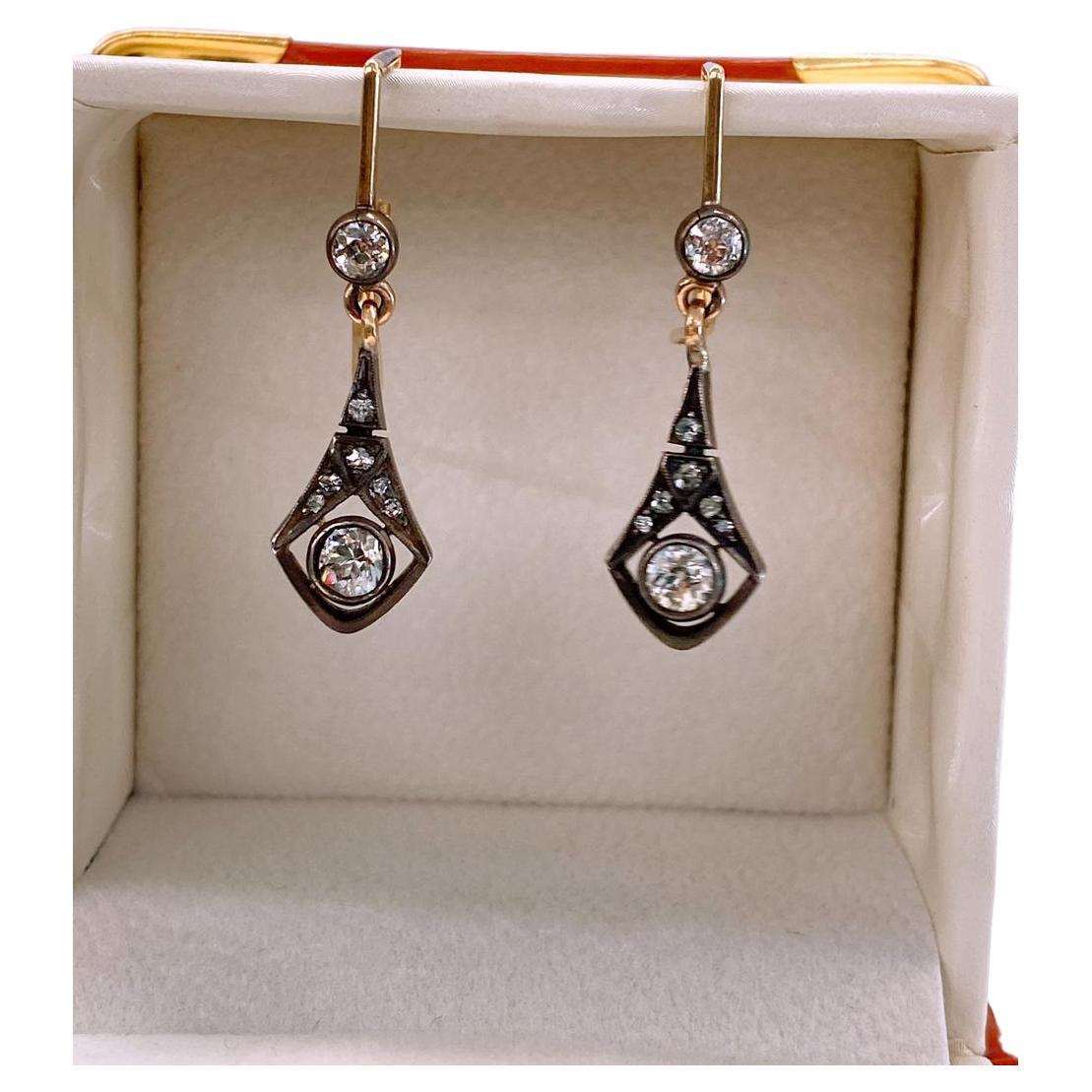 Antique Old Mine Cut Diamond Dangling Gold Earrings For Sale 1