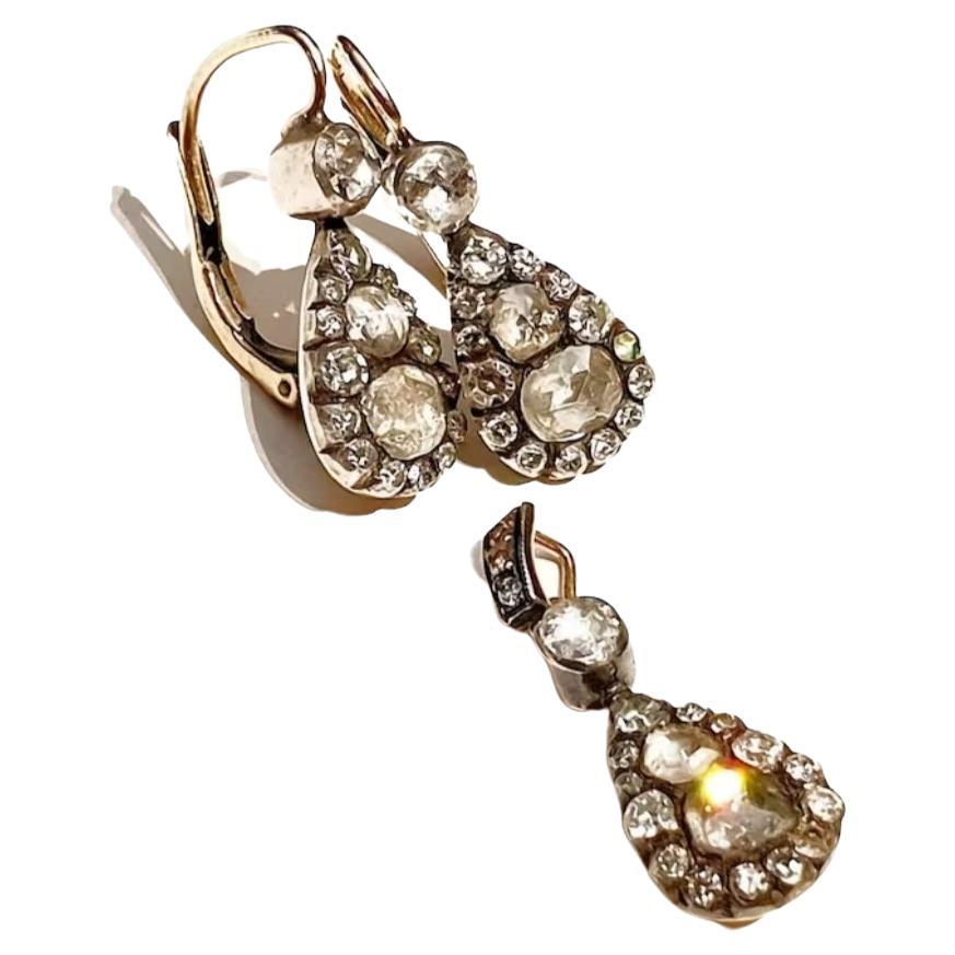 Antique Old Mine Cut Diamond Gold Earrings And Pendant Set For Sale