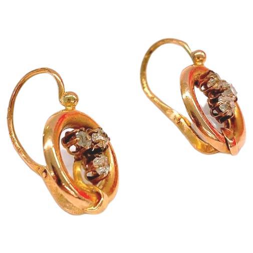Antique 14k Gold Old Mine Cut Diamond Earrings en Bueno Estado en Cairo, EG