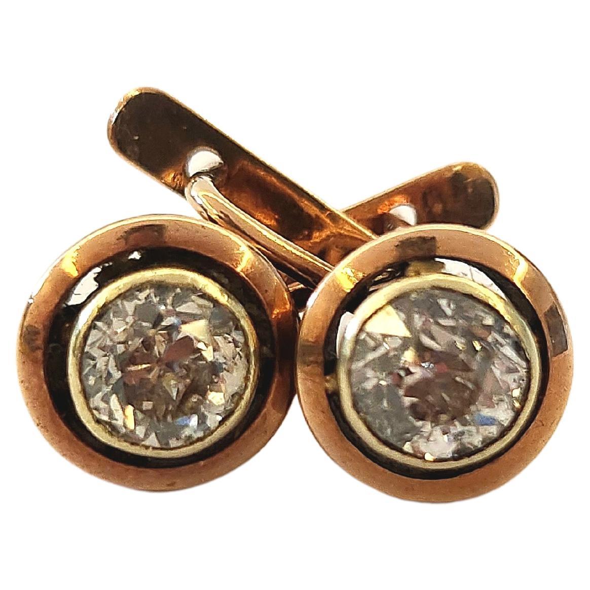 Antique Old Mine Cut Diamond Russian Gold Earrings In Good Condition For Sale In Cairo, EG