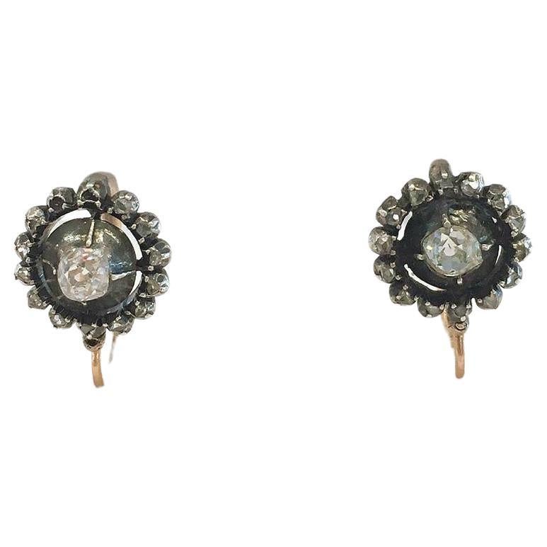 Women's Antique Old Mine Cut Diamond Silver and Gold Earrings For Sale