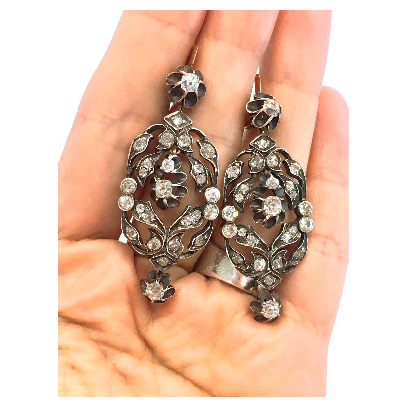 Women's Antique Old Mine Cut Diamond Gold Earrings