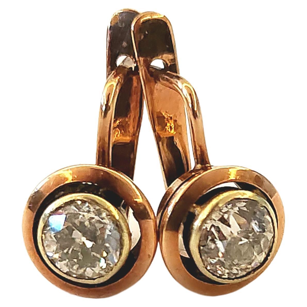 Antique Old Mine Cut Diamond Russian Gold Earrings For Sale