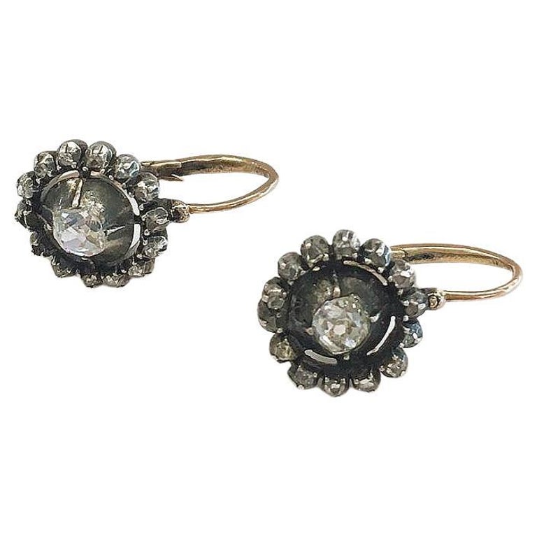 Boucles D'oreilles Anciennes En Or Et Argent Avec Gros Diamant Rose XIXe - Occasion