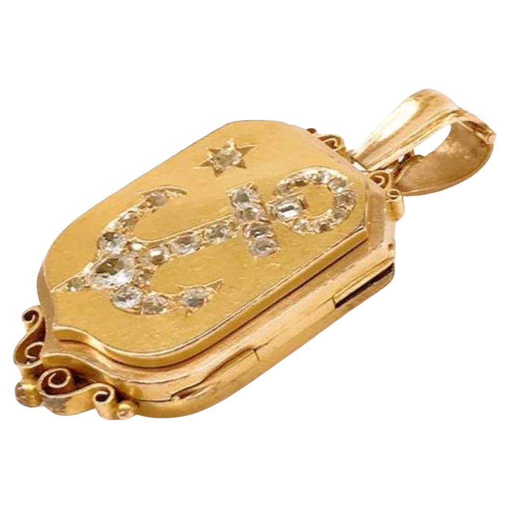 Women's or Men's Antique Old Mine Cut Diamond Gold Locket Pendant For Sale
