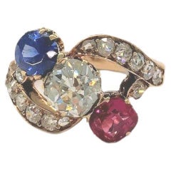 Antique Old Mine Cut Diamond Sapphire and Ruby Gold Ring