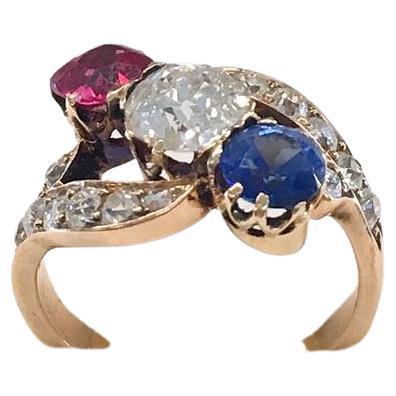 Women's Antique Old Mine Cut Diamond Sapphire and Ruby Gold Ring For Sale