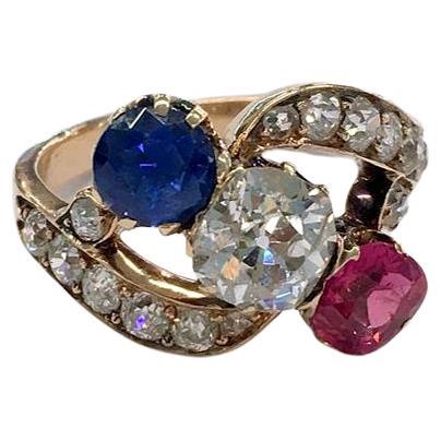 Antique Old Mine Cut Diamond Sapphire and Ruby Gold Ring
