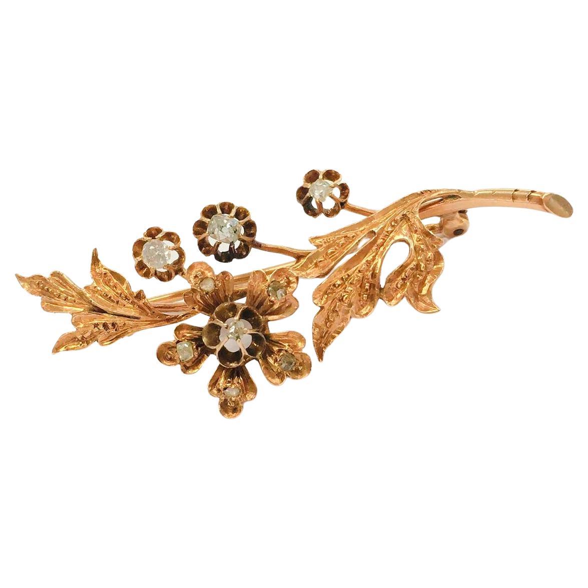 Antique Old Mine Cut Diamond Russian Tremblant Gold Brooch For Sale 3