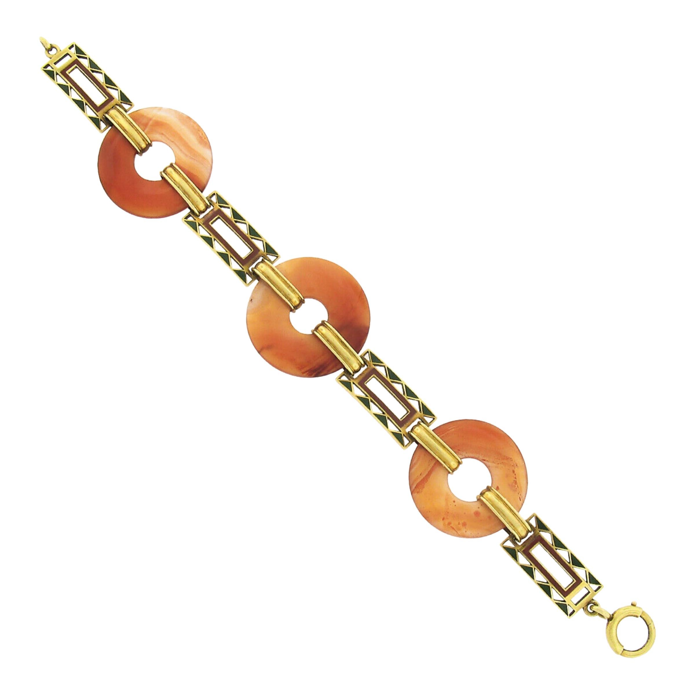 Antique 14k Gold Orange Agate Disk w/ Orange & Green Enamel Link Bracelet For Sale