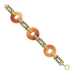 Antike antike 14k Gold Orange Achatscheibe mit orangefarbener & grüner Emaille Gliederarmband