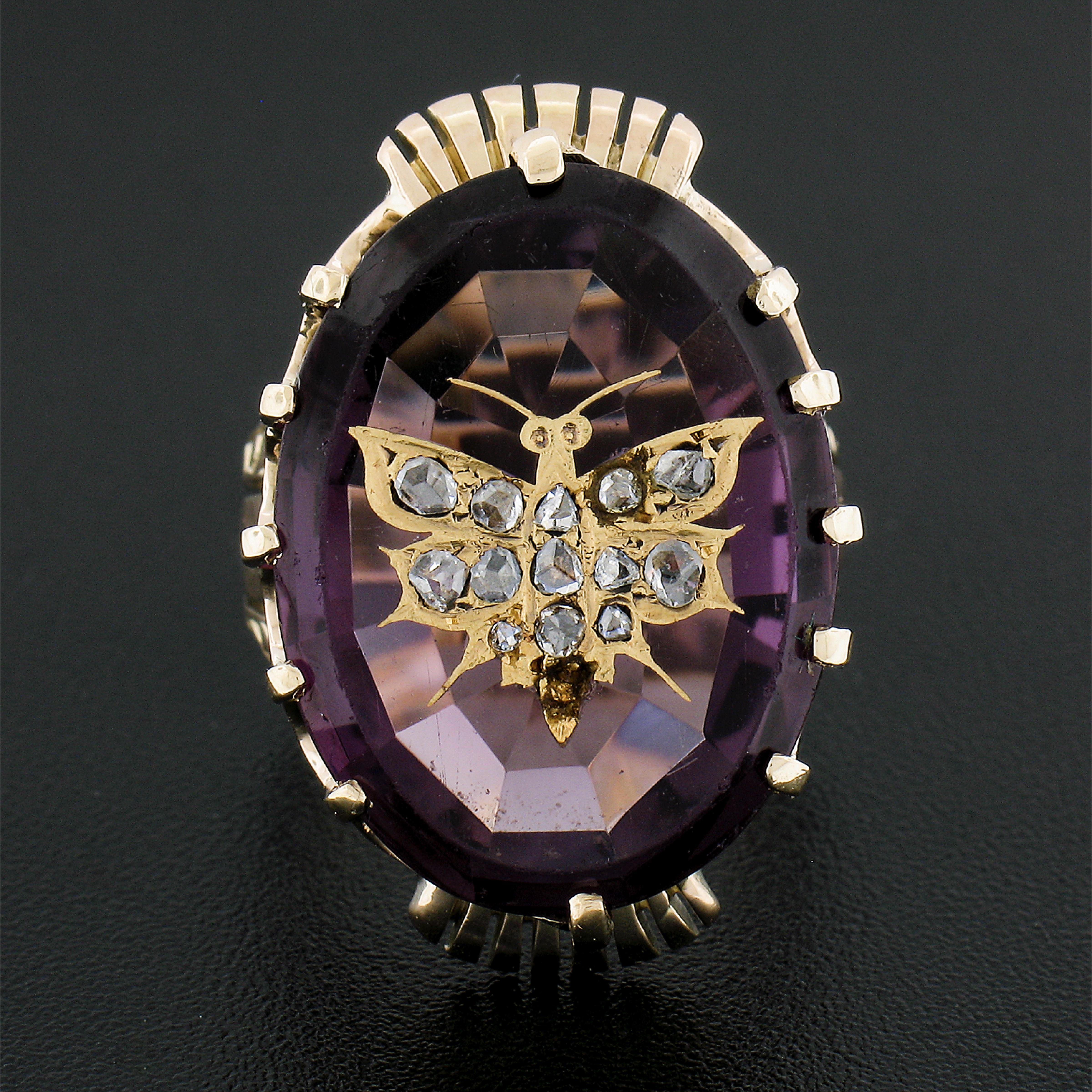 Oval Cut Antique 14k Gold Oval Amethyst & Rose Cut Diamond Butterfly Inlaid Cocktail Ring For Sale