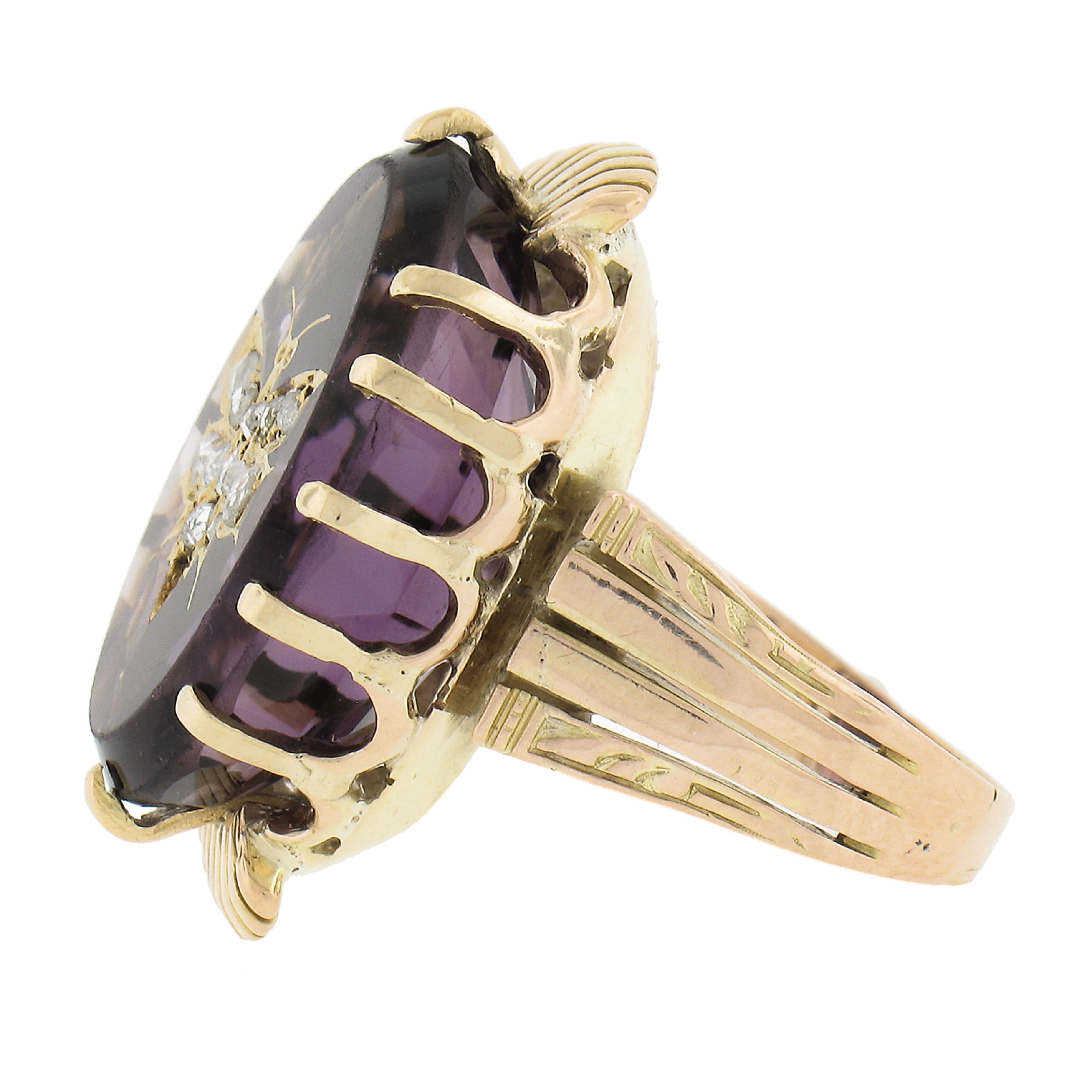 Antique 14k Gold Oval Amethyst & Rose Cut Diamond Butterfly Inlaid Cocktail Ring For Sale 1