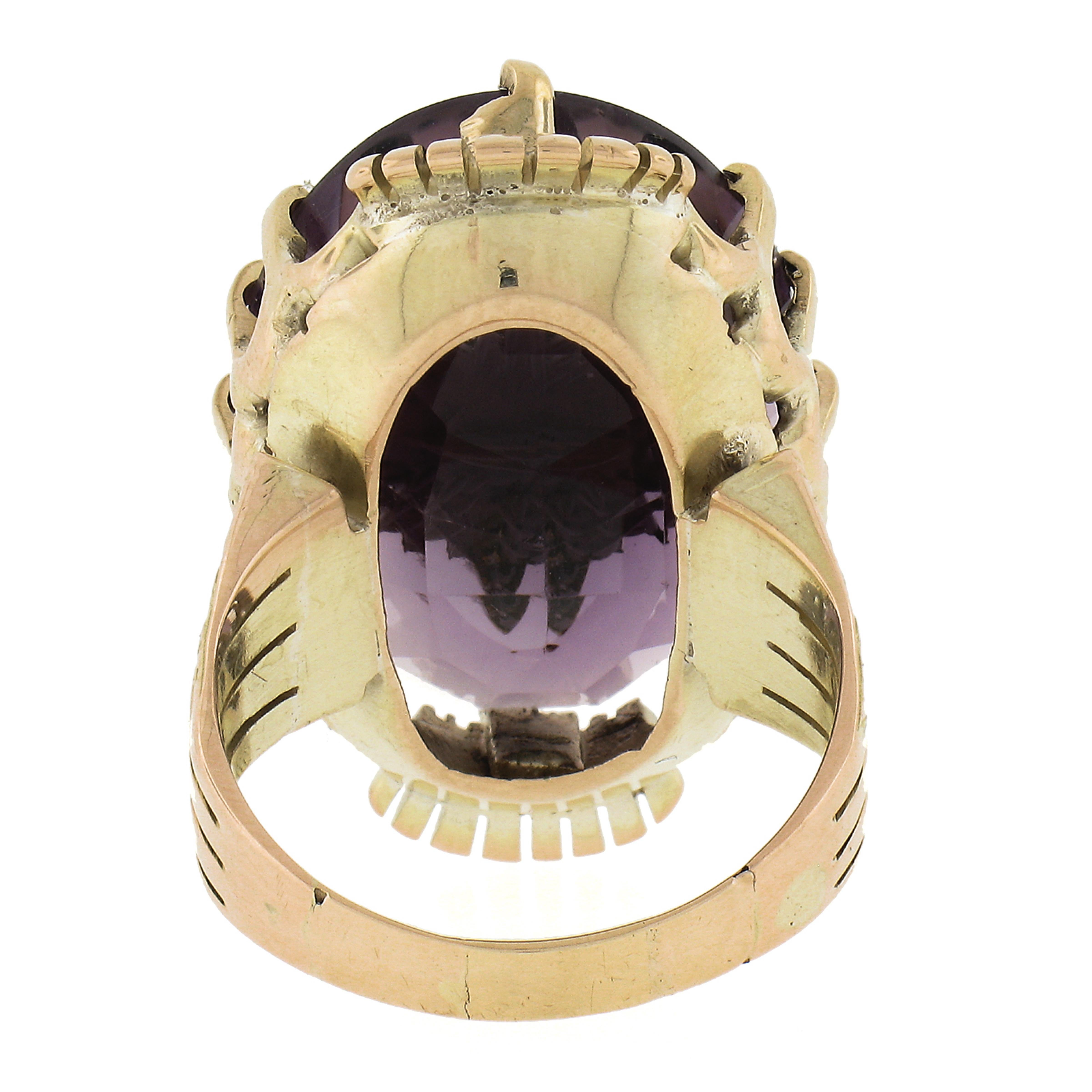 Antique 14k Gold Oval Amethyst & Rose Cut Diamond Butterfly Inlaid Cocktail Ring For Sale 2